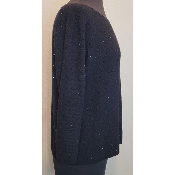 Eileen Fisher Black Beaded & Sequin Merino Wool Sweater –Wide Neck –3/4 Sleeve L - Picture 3 of 8
